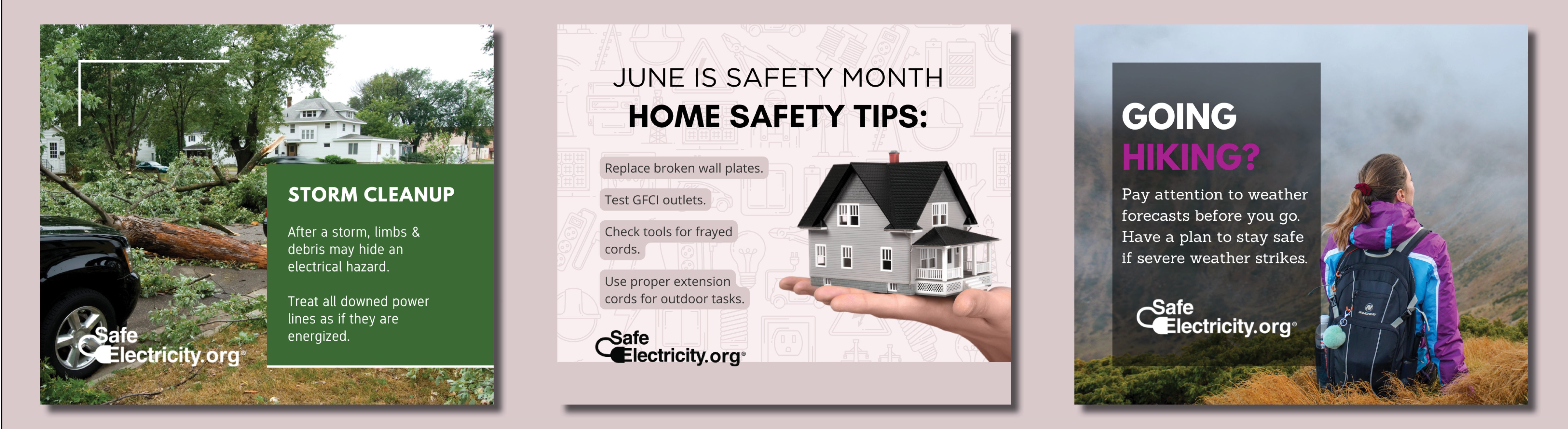 watch for downed lines after a storm, home safety tips, check weather forecast before hiking